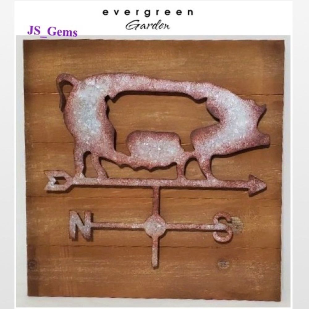 New Home Décor Weathervane Pig Distressed Silver Metal On Wood Square Plank NWT